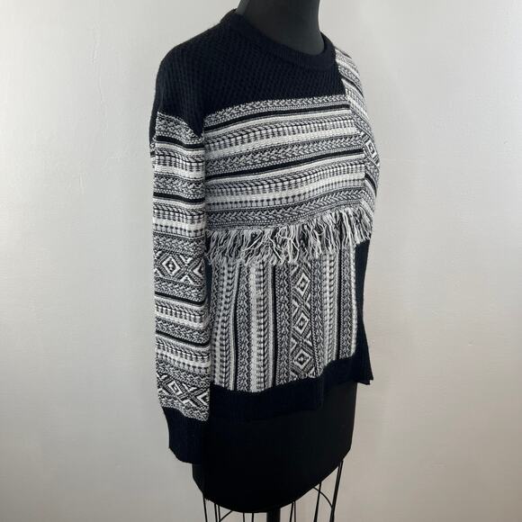 White + Warren Black / White Southwest Print Color-Block Fringe Crew Sweater XS - Picture 2 of 8